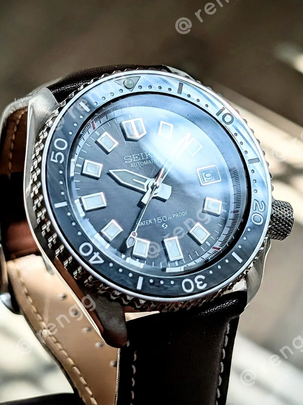 42mm Seiko Black Dial Automatic Diver Mod Watch Sapphire  Brown Leather Strap